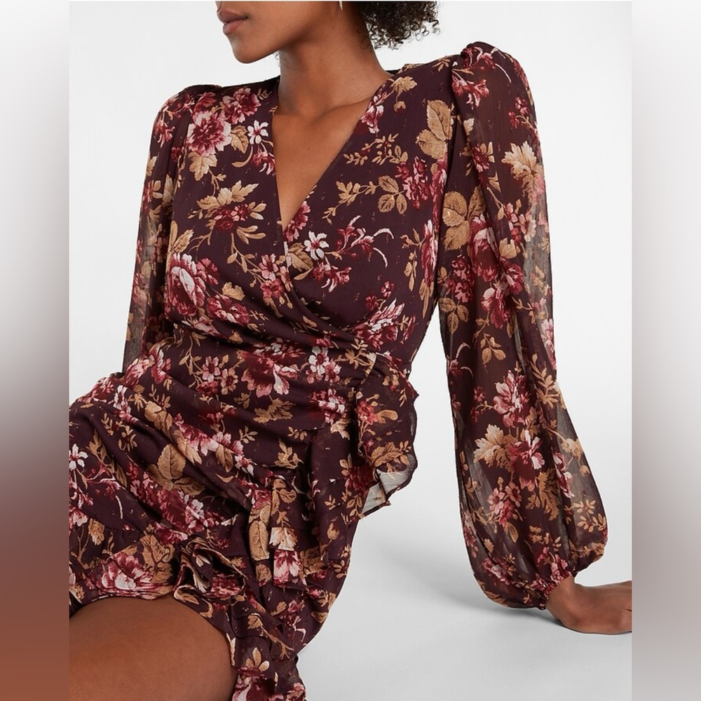 Express Floral Print Faux Wrap Ruffle Mini Dress - Picture 3 of 8
